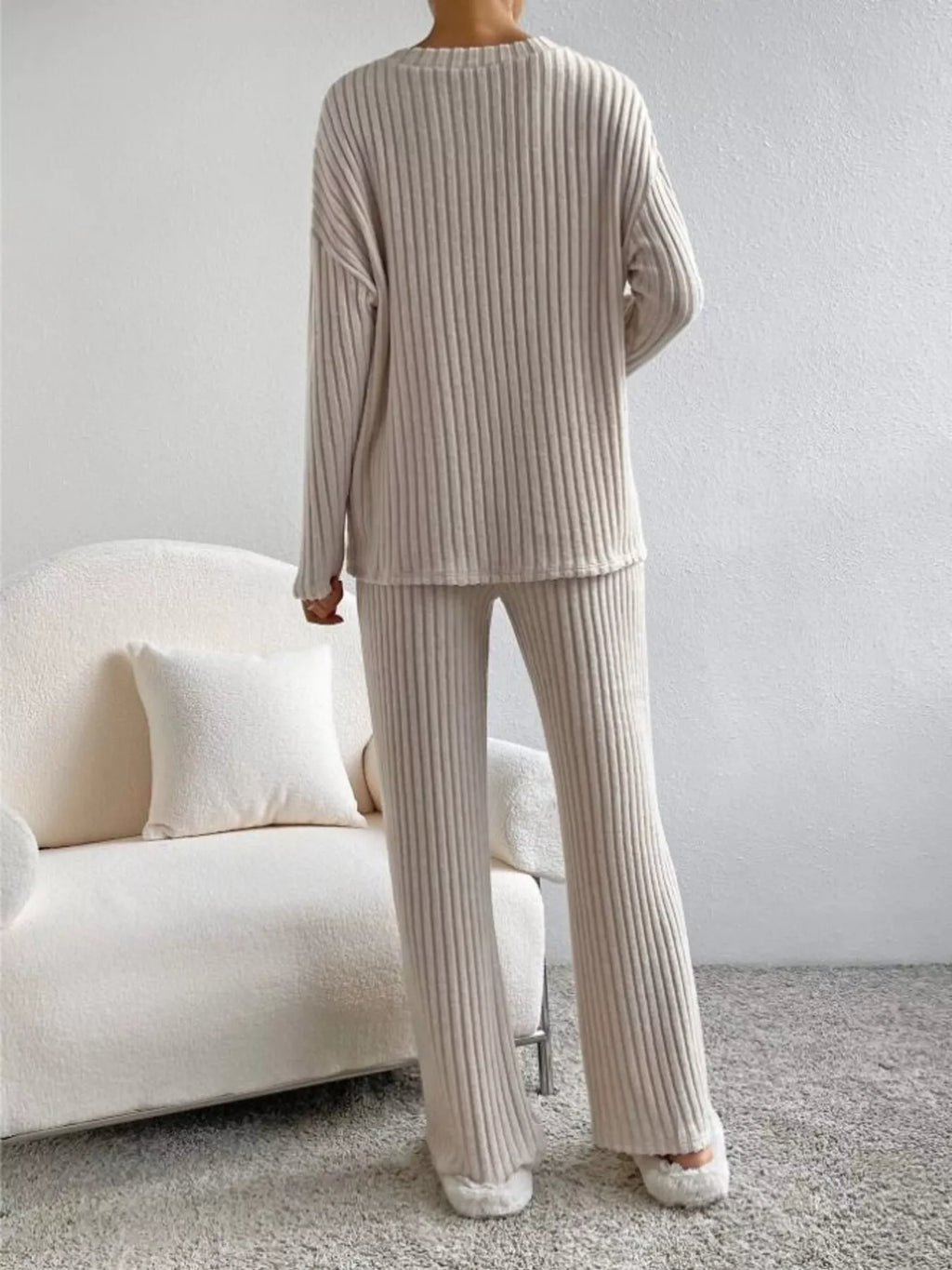 Ribbed Knit V-Neck Top and Pants Set
