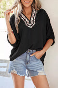 Leopard Accent Notched Neck Plus Size Short Sleeve Top