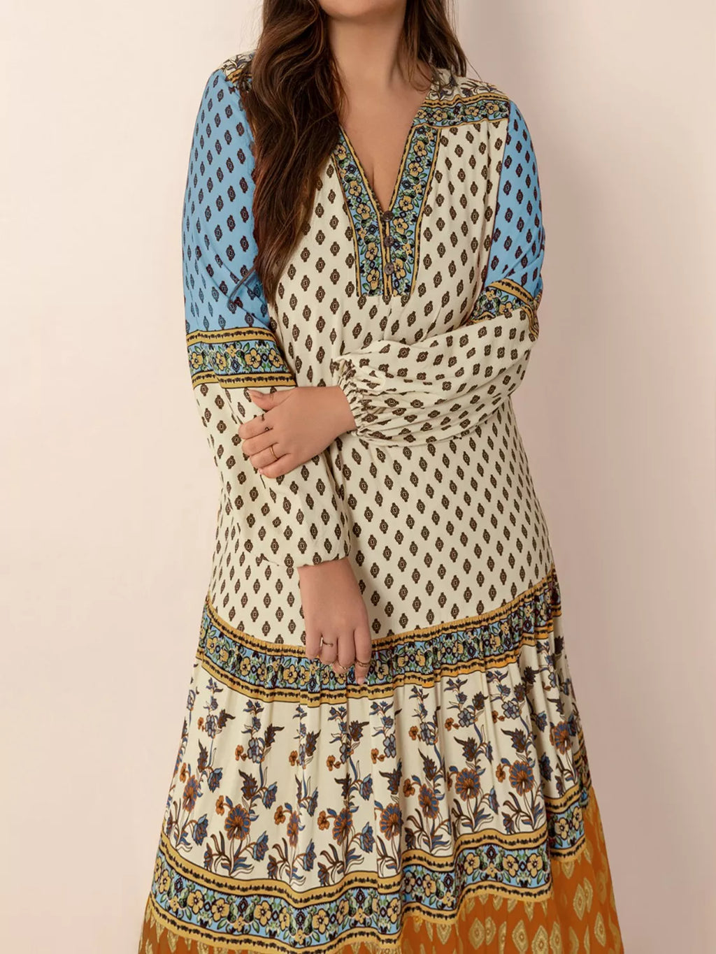 Bohemian Mixed Print Long Sleeve Maxi Dress