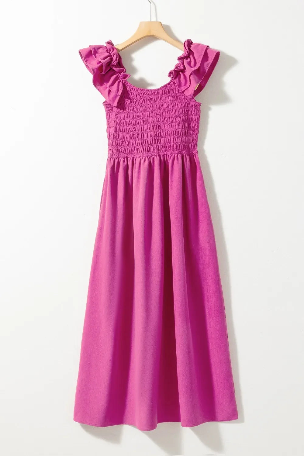 Solid Color Ruffled Straps Smocked Ruched Maxi Dress