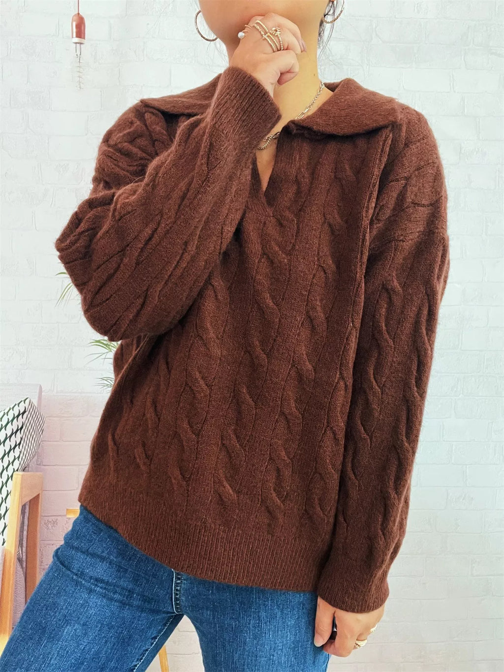 Cable Knit Johnny Collar Sweater