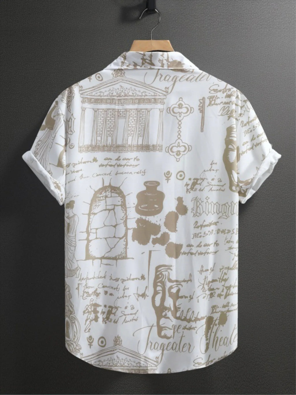 Men's Vintage Art Print Short Sleeve Button-Up Shirt
