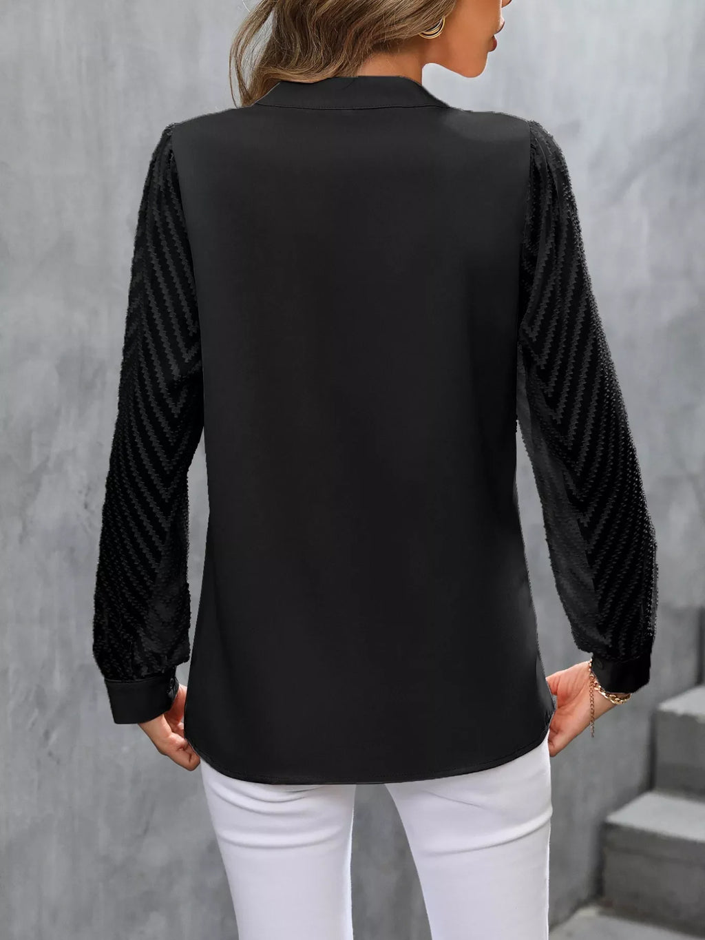 Sheer Sleeve V-Neck Blouse