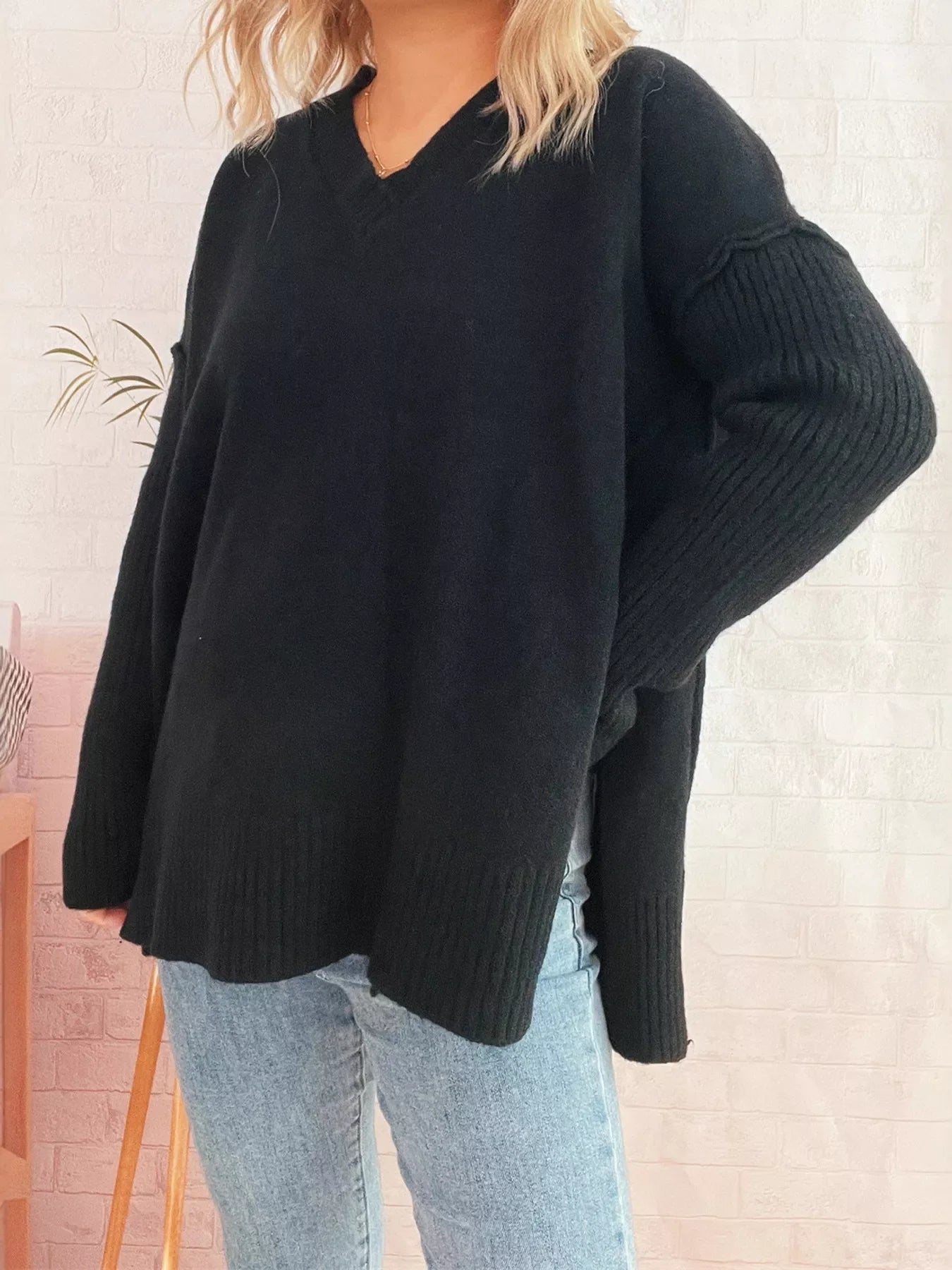 V-Neck Dropped Shoulder Sweater