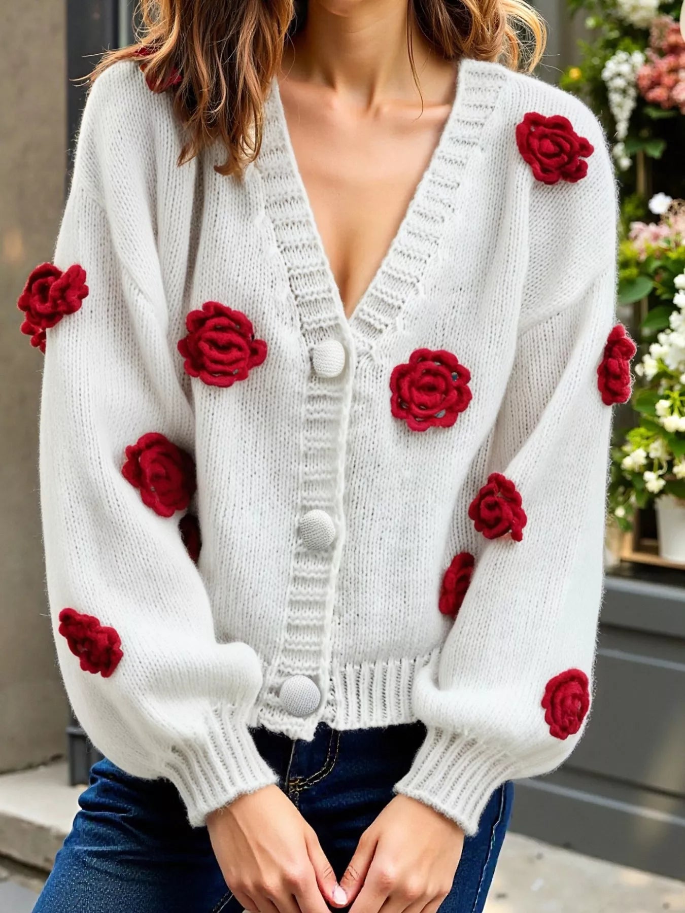 Rose Embellished V-Neck Cardigan