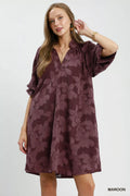 Umgee Floral Textured Jacqaurd V-Neck Dress
