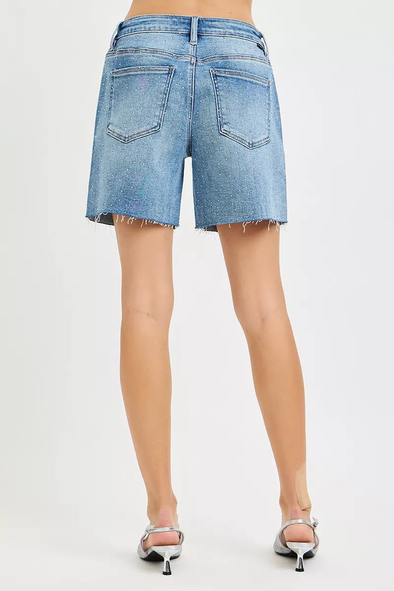 RISEN Slouchy Mid Length All Over Rhinestones Shorts