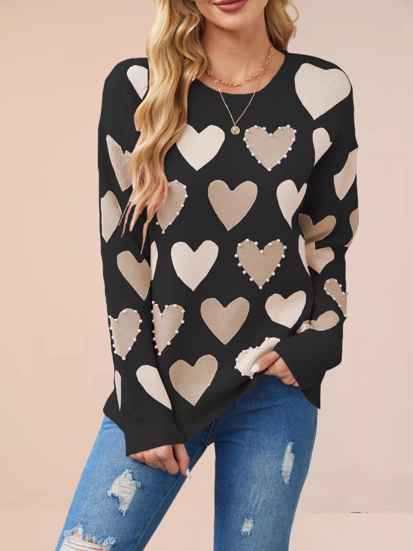 Heart Pattern Beaded Round Neck Sweater