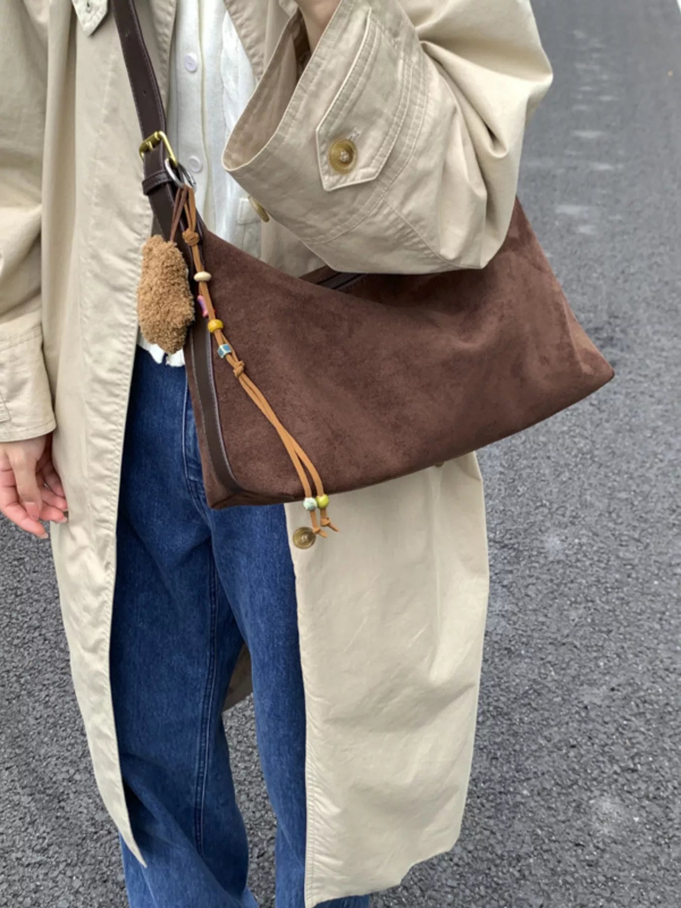 Solid Color Suede Hobo Crossbody Bag