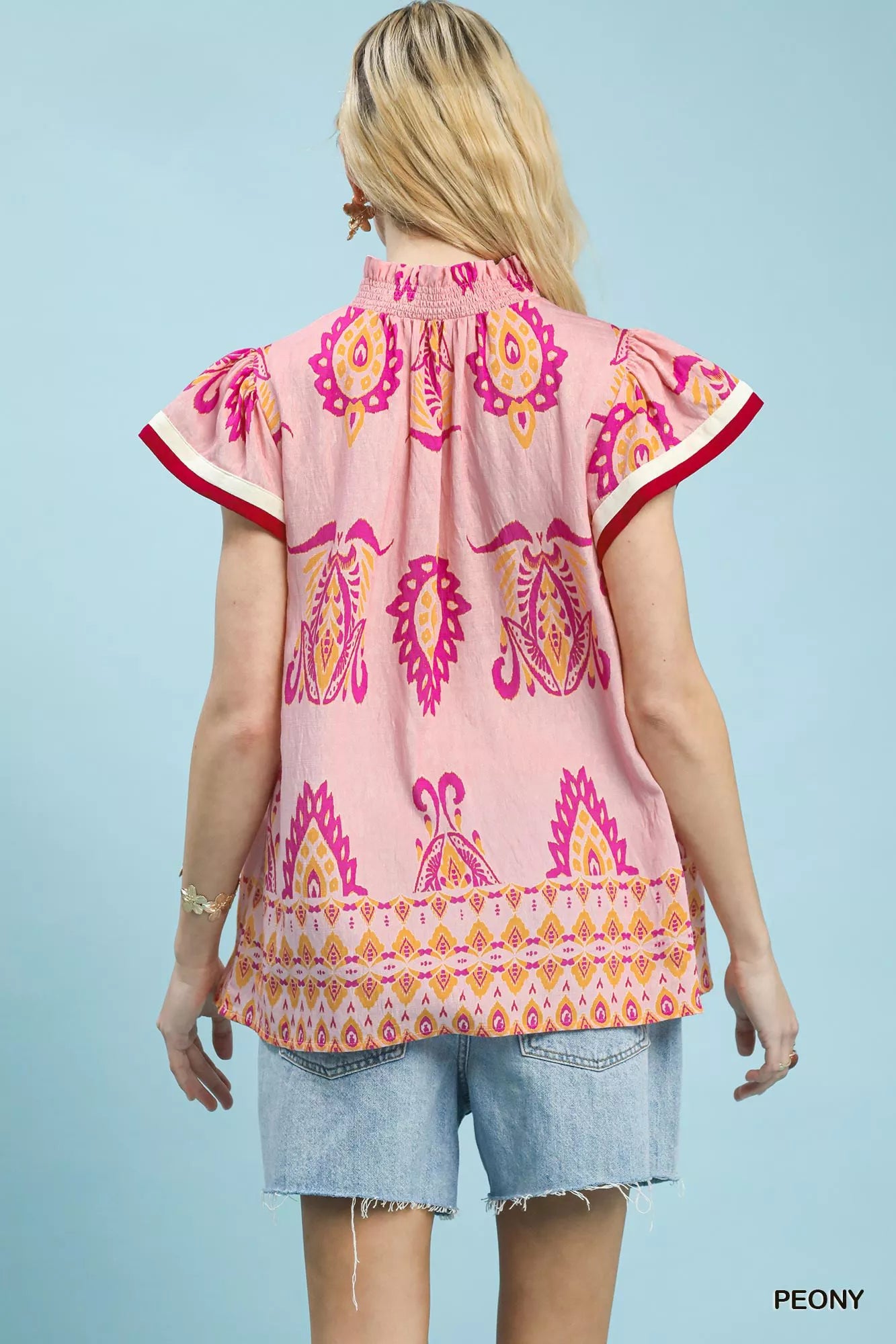 Umgee Border Print Split-Neck Boho Top