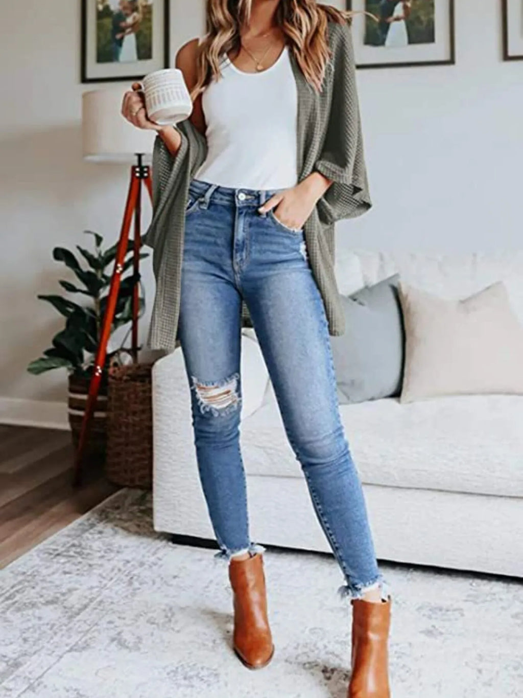 Full Size Open Front Waffle Knit Cardigan Plus Size