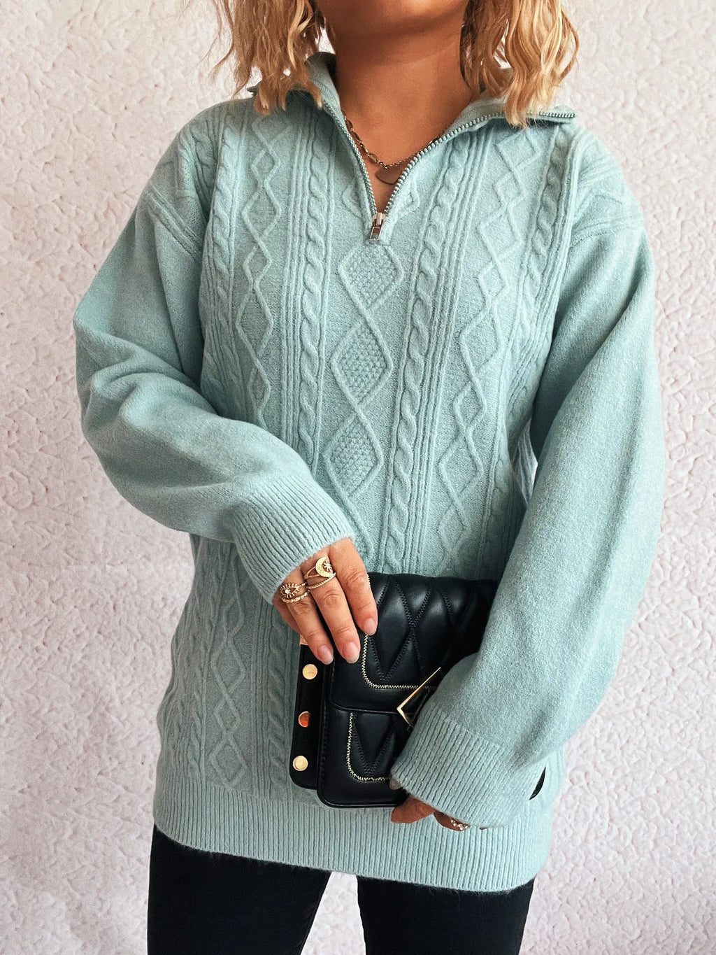 Texture Zip Collar Long Sleeve Sweater