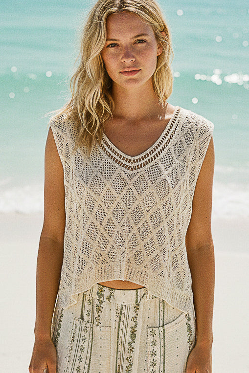 POL V-Neck Crochet Tank with Diamond Weave Knit Patterns