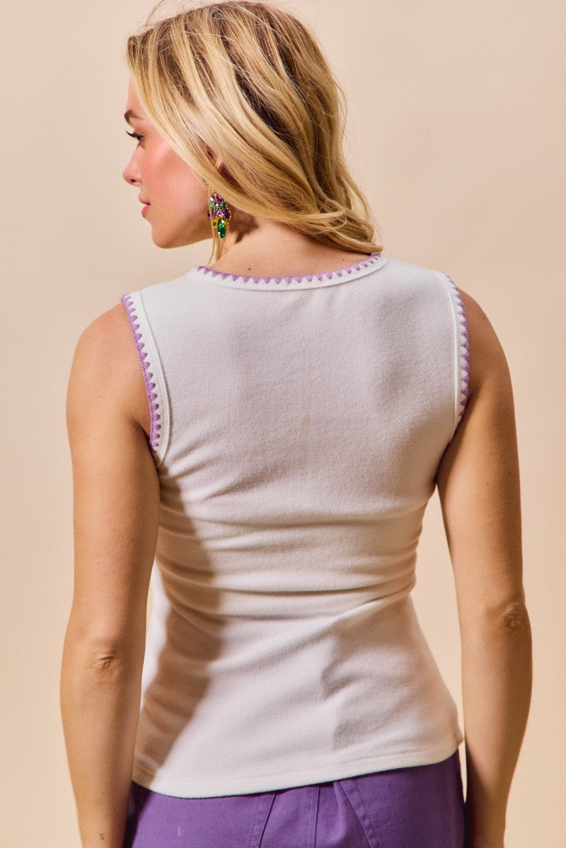 SO ME Mardi Gras Tank Top With Contrast Blanket Stitch