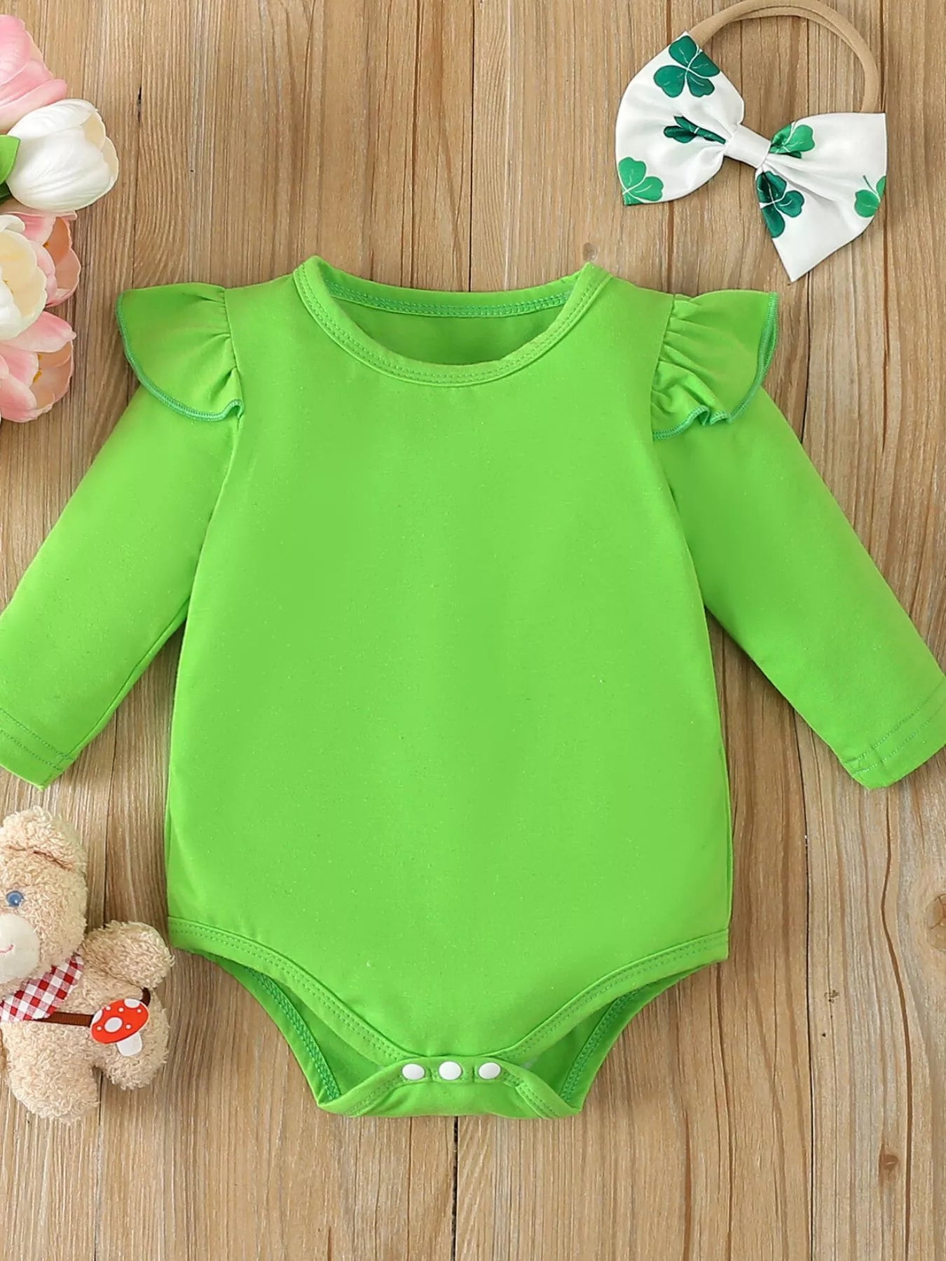 Children's Ruffled Long Sleeve Bodysuit and Overall Dress Set with Headband