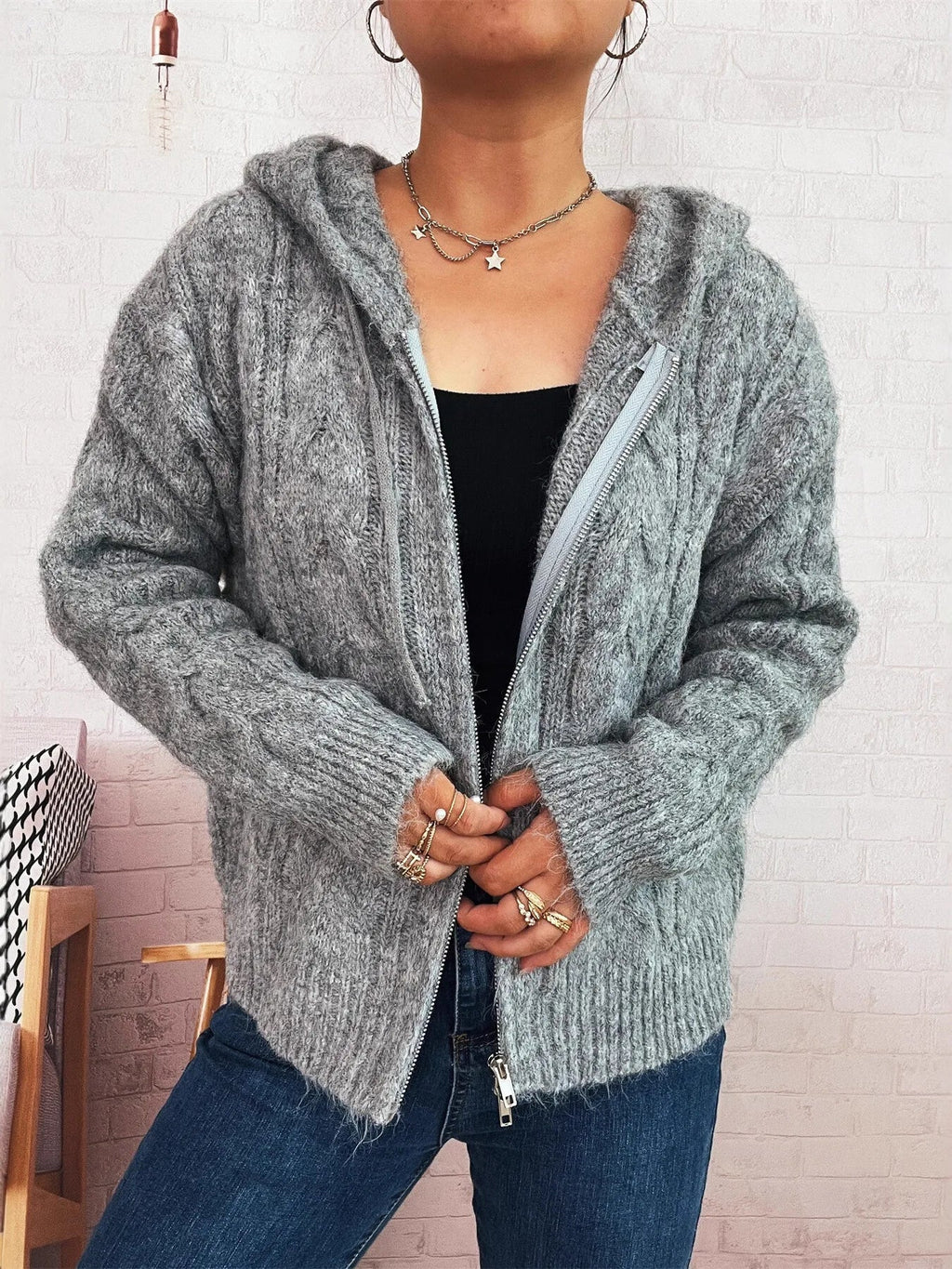 Cable Knit Hooded Zip-Up Cardigan