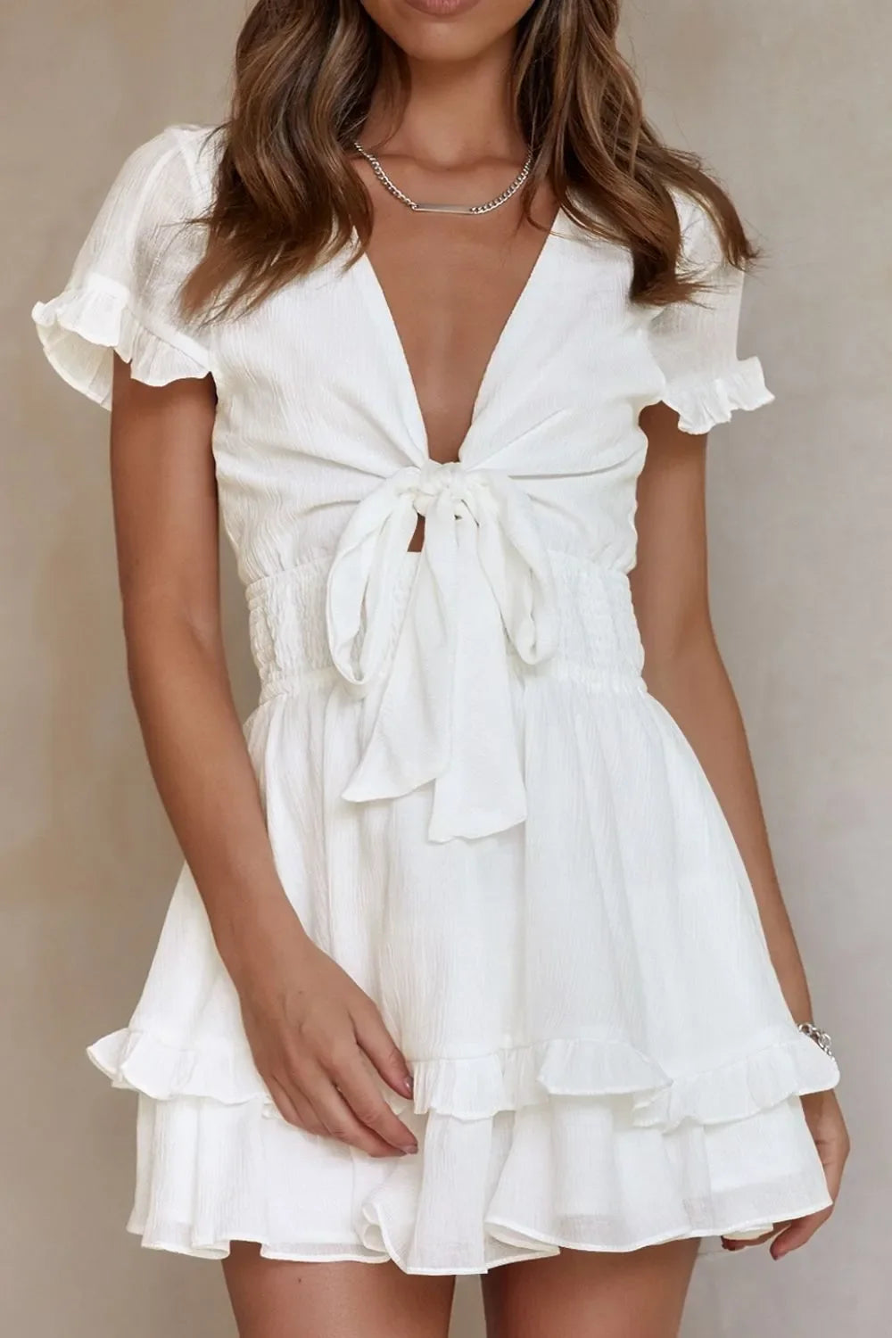 Tie-Front Mini Dress with Smocked Waist
