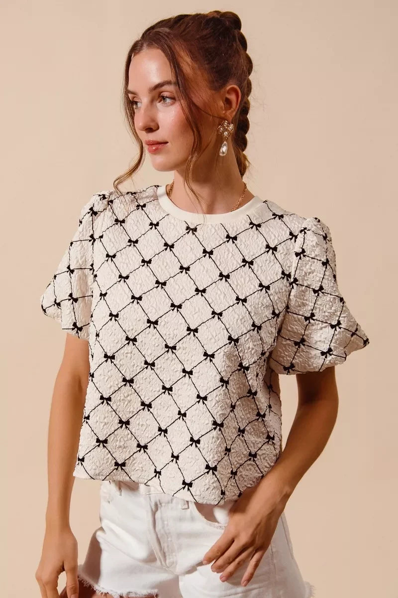 SO ME Bow Texture Woven Bubble Sleeve Top