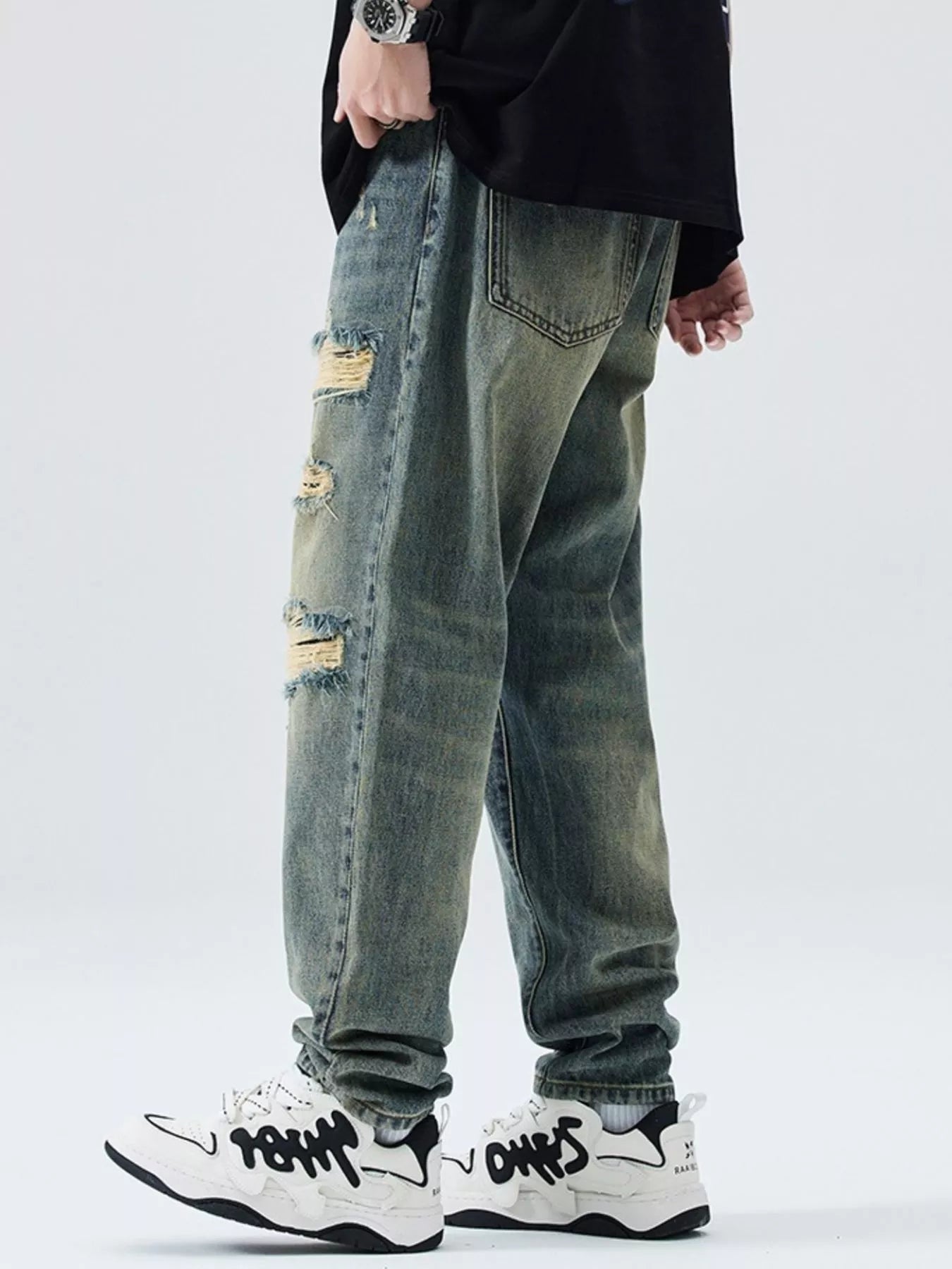 Men's Distressed Wide Leg Relaxed Fit Jeans