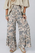 Camo Print Ruffle Hem Wide Leg Pants