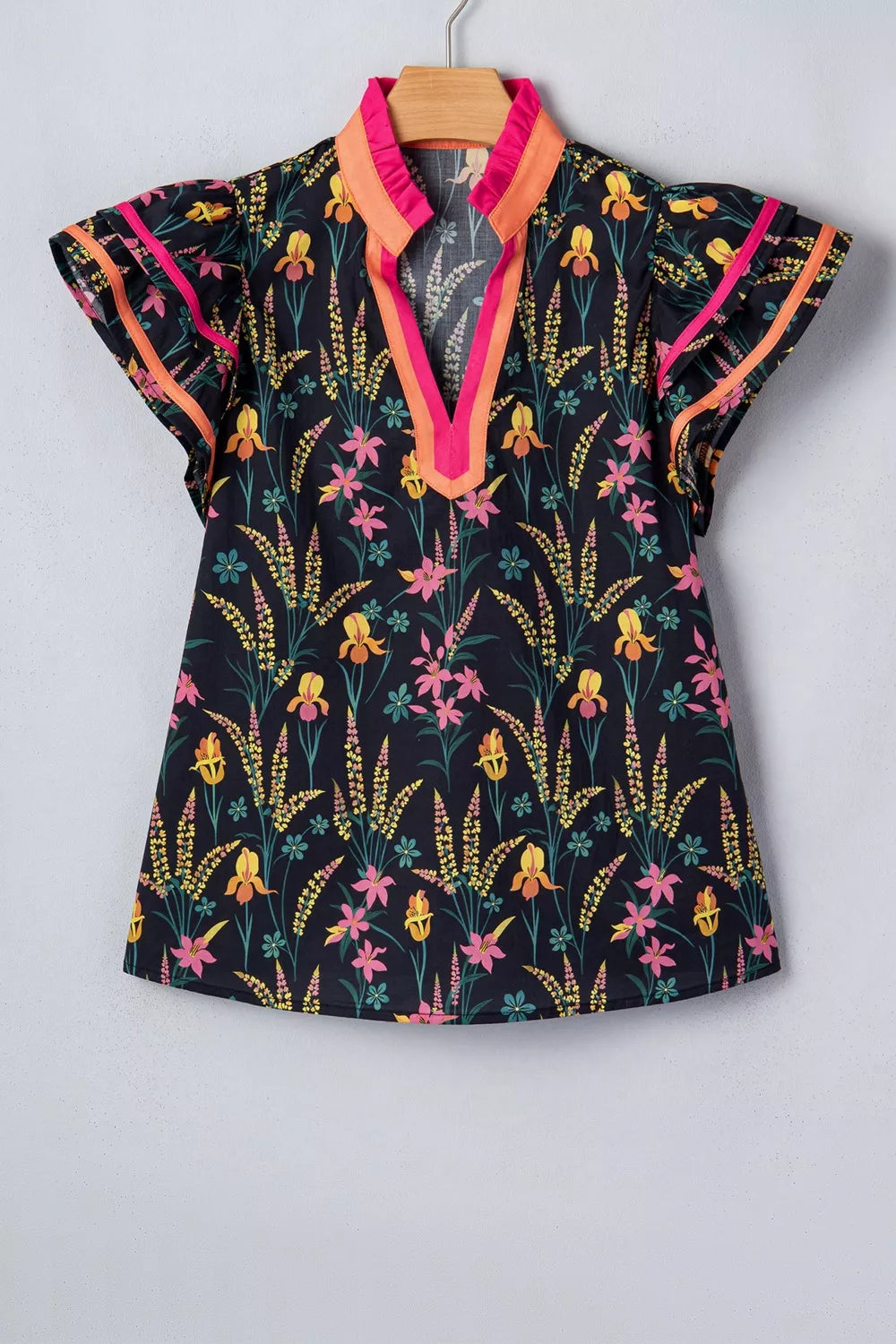 Floral Print Contrast Trim Tiered Ruffled Short Sleeve Blouse
