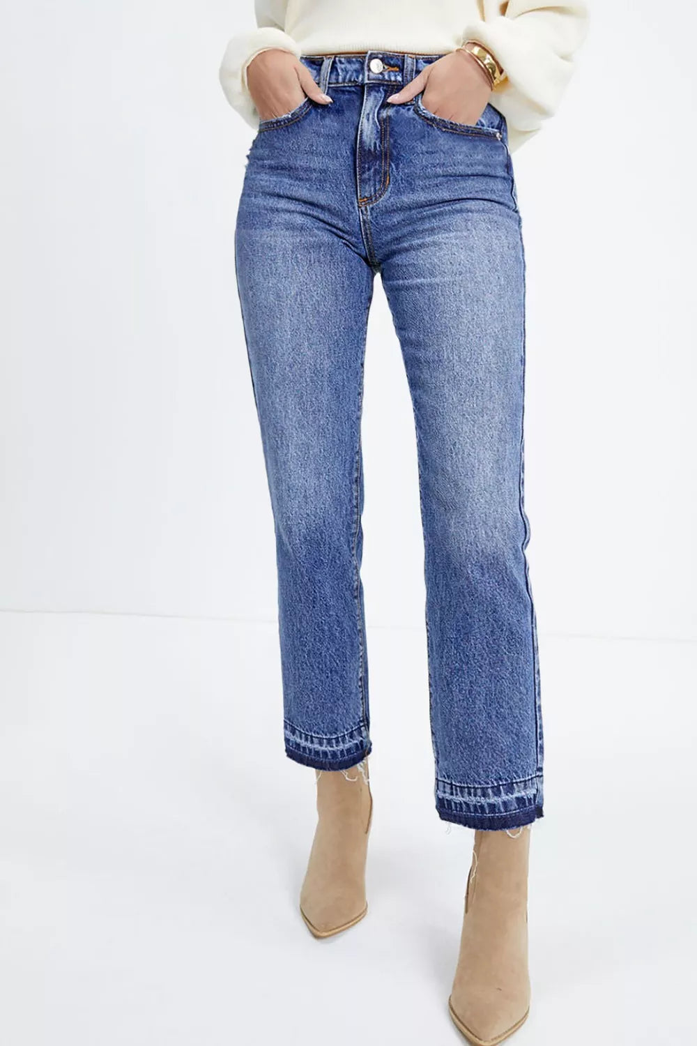 Whiskered Wash Raw Hem Cropped Jeans