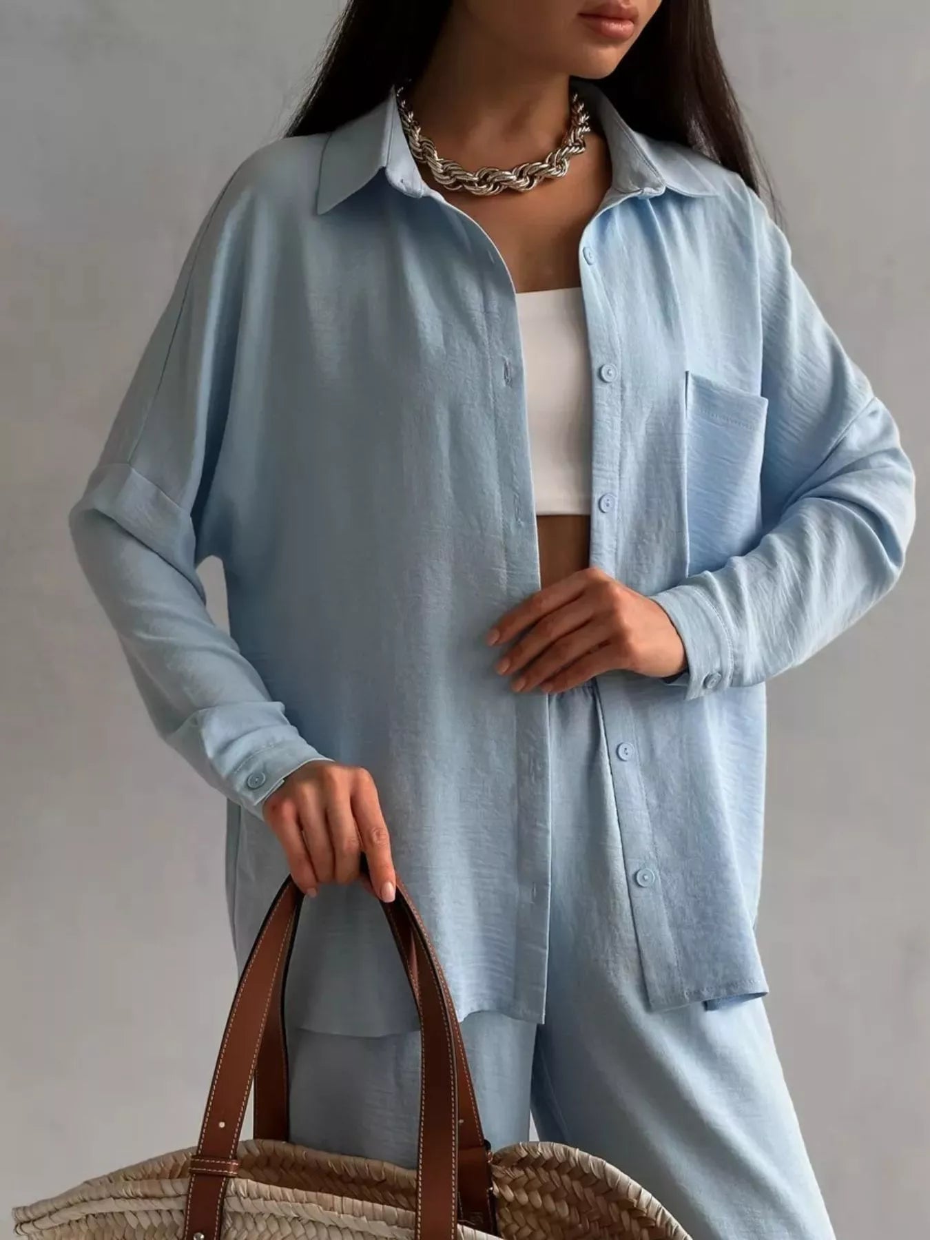 Relaxed Fit Shirt and Wide Leg Pants Set