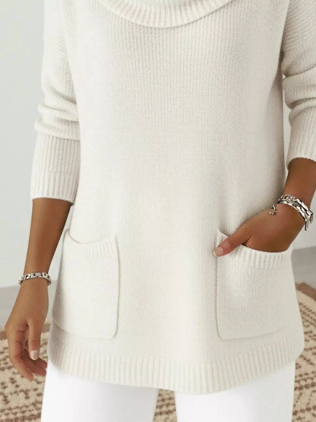 Full Size Cowl Neck Long Sleeve Sweater with Pockes Plus Size