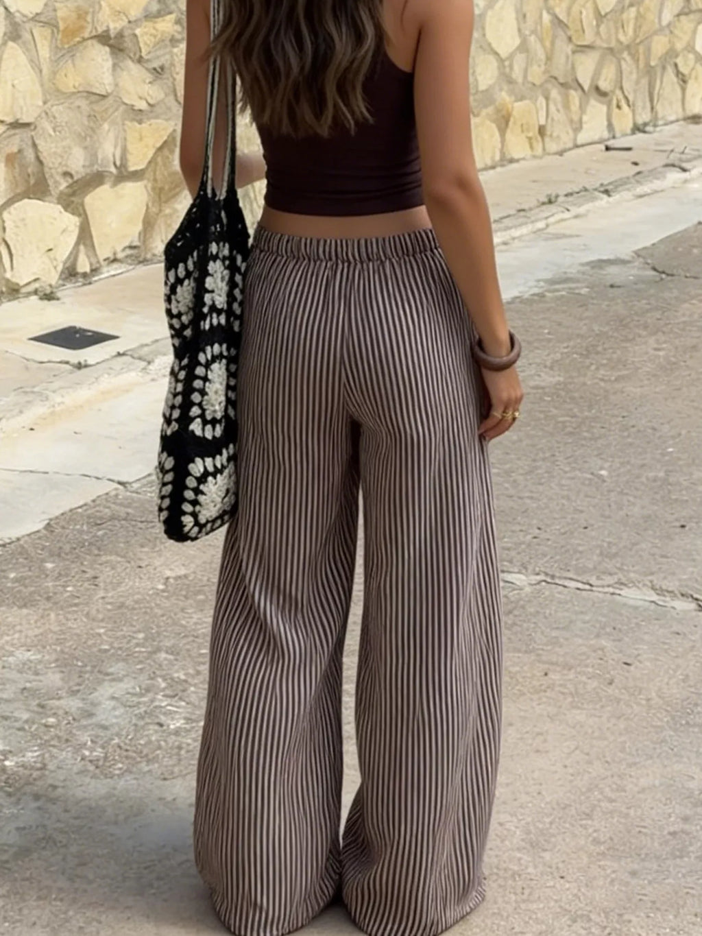 Tied Striped Wide Leg Pants