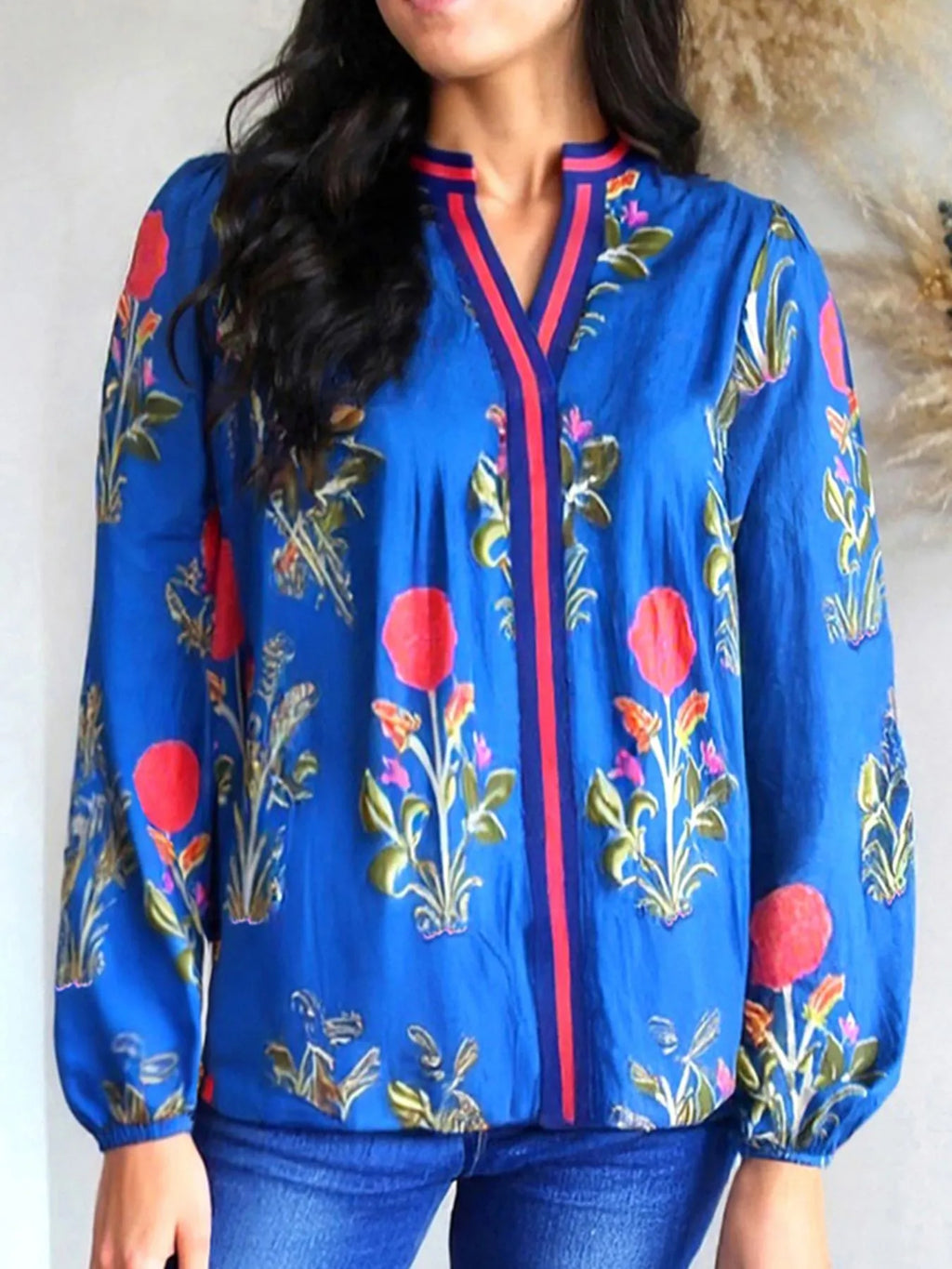 Floral Notched Balloon Sleeve Blouse