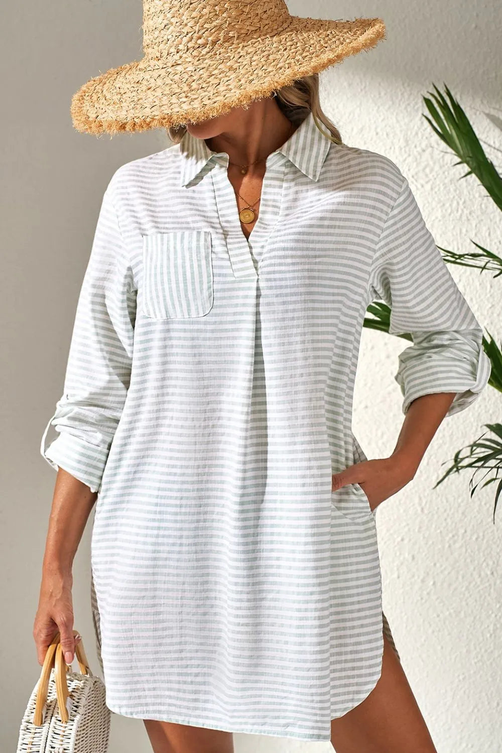 Striped Johnny Collar Long Sleeve Mini Shirt Dress