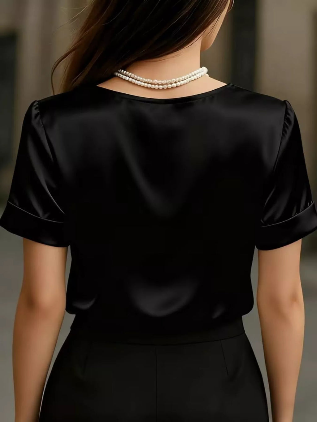 V-Neck Short Sleeve Satin Blouse