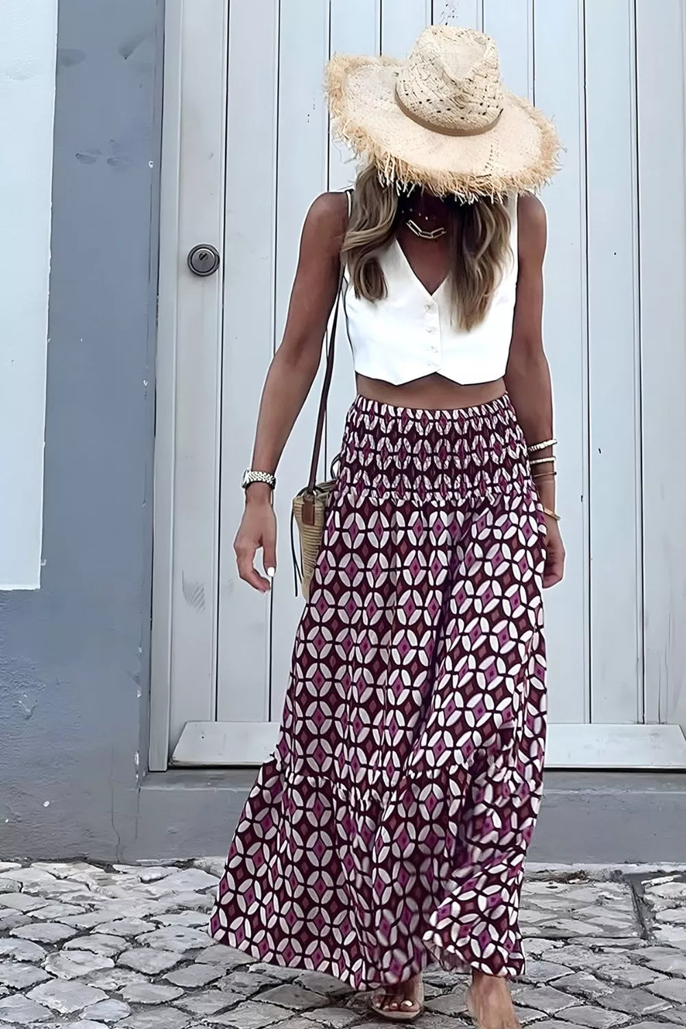 Geometric Print Smocked Waist Maxi Skirt