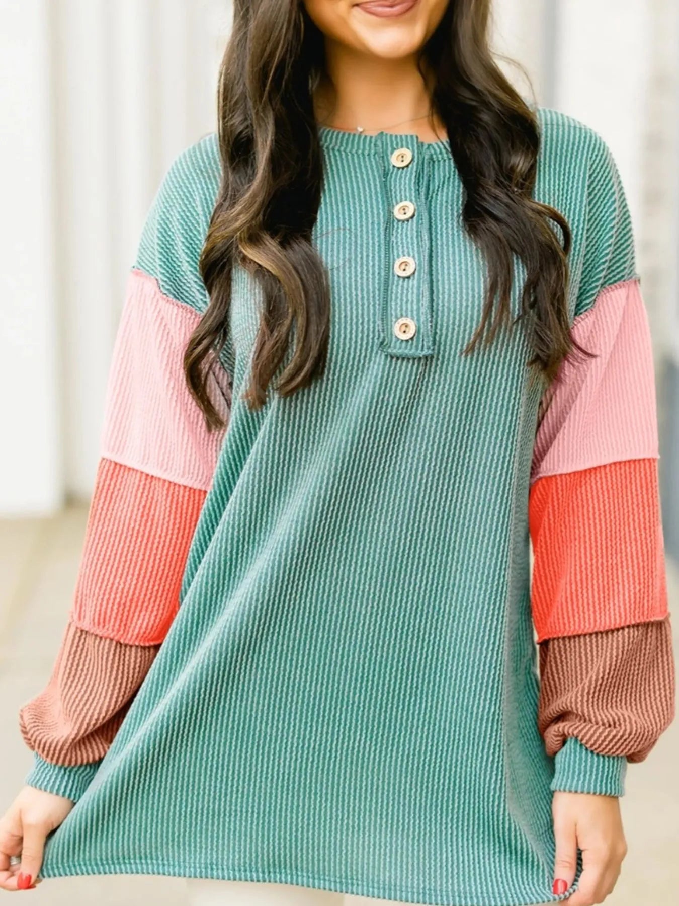 Color Block Ribbed Knit Henley Sweatshirt