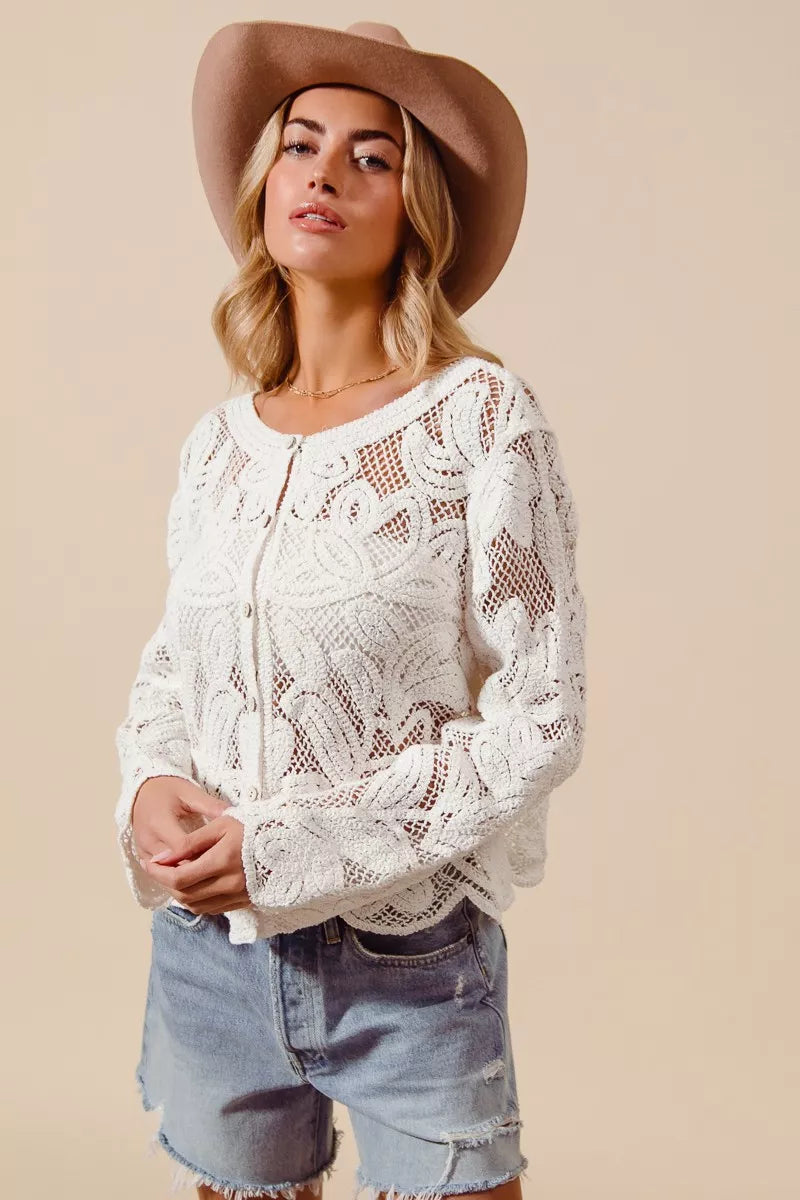 SO ME Button Front Floral Pattern Crochet Lace Cardigan