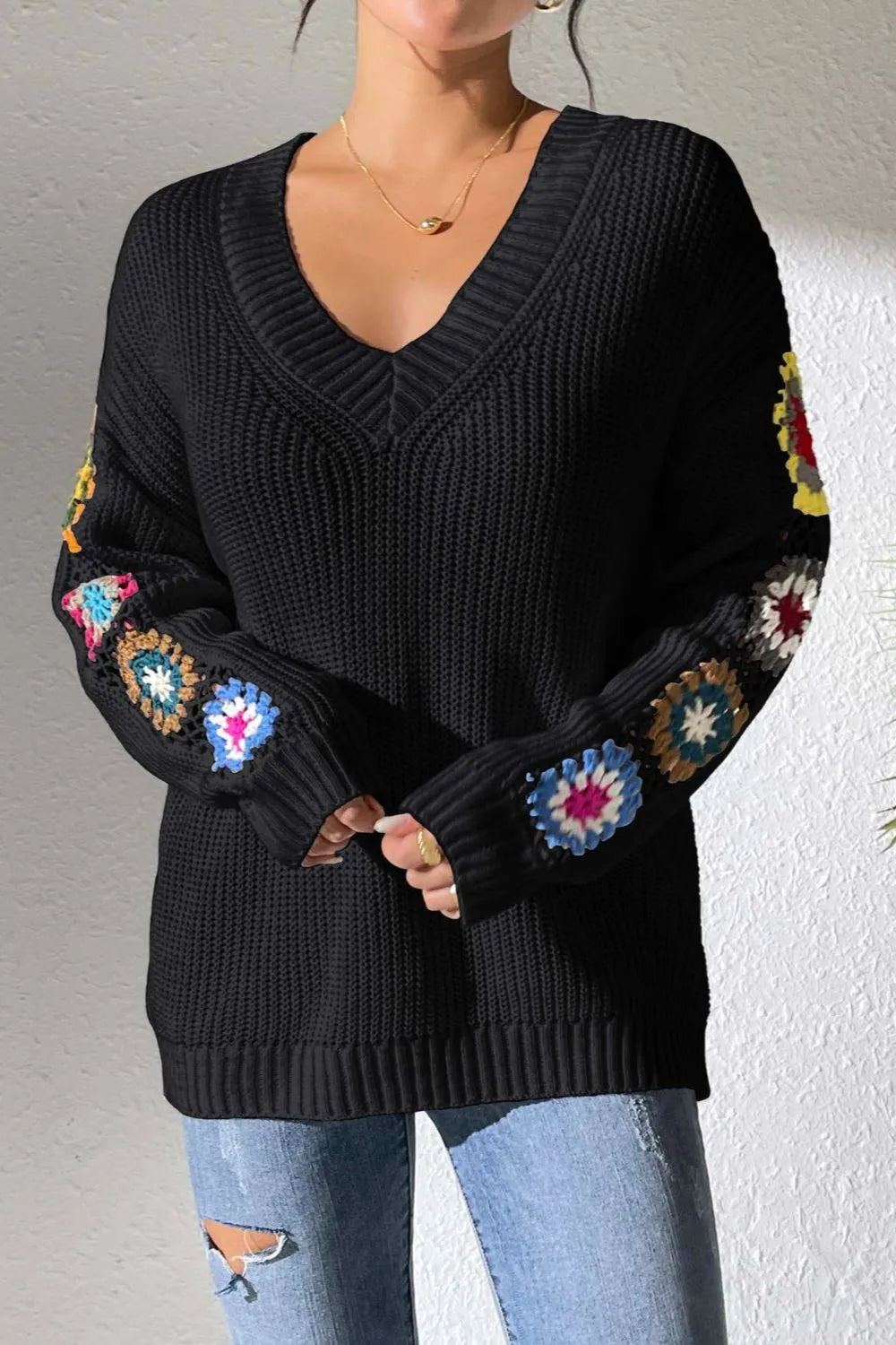 Crochet Flower V-Neck Sweater