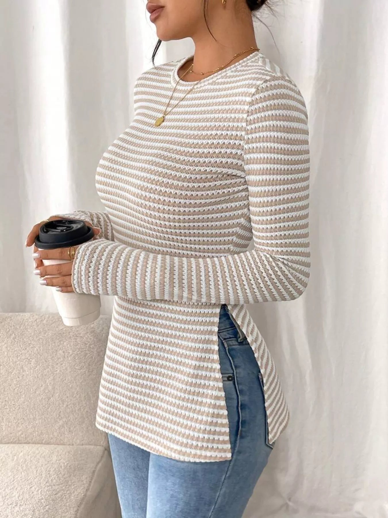 Slit Striped Long Sleeve Casual T-Shirt