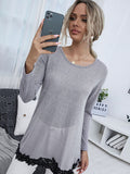 Shiny Spliced Lace Contrast Round Neck Top