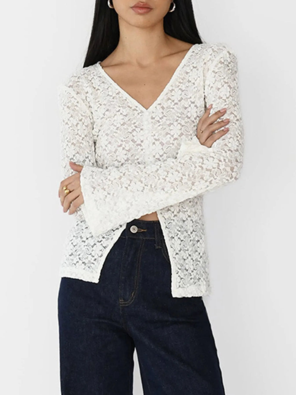 Lace V-Neck Flare Sleeve T-Shirt