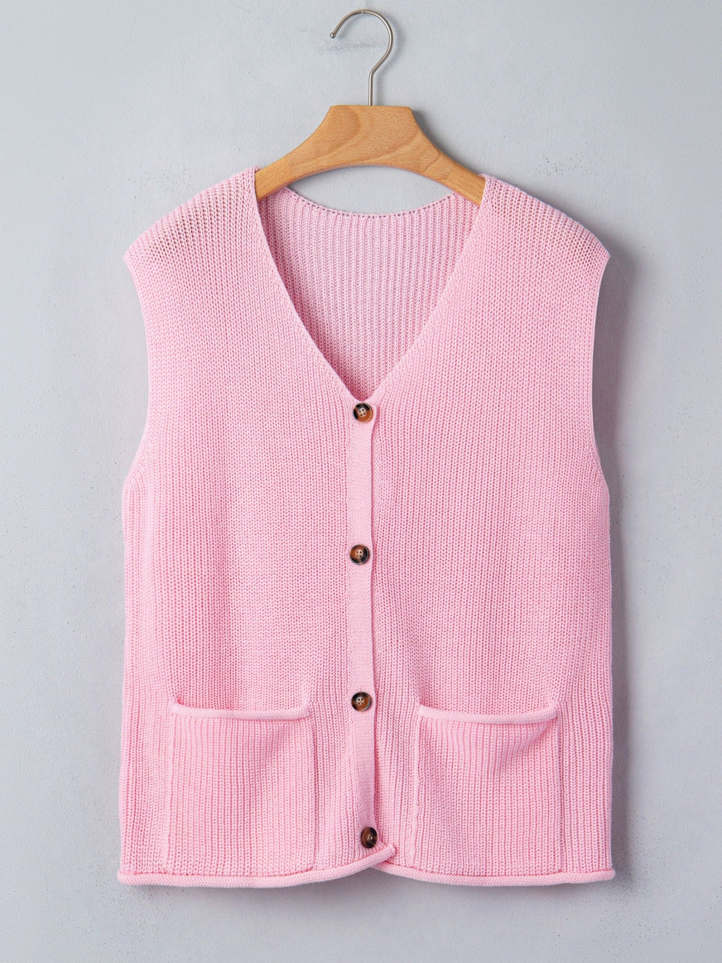 Solid Color Knit V Neck Button Front Sweater Vest