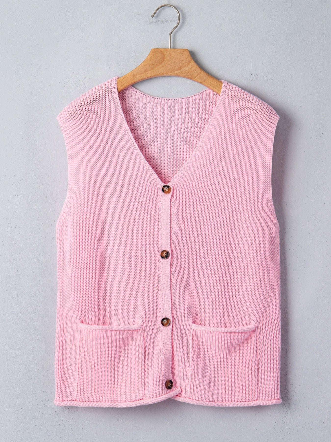 Solid Color Knit V Neck Button Front Sweater Vest