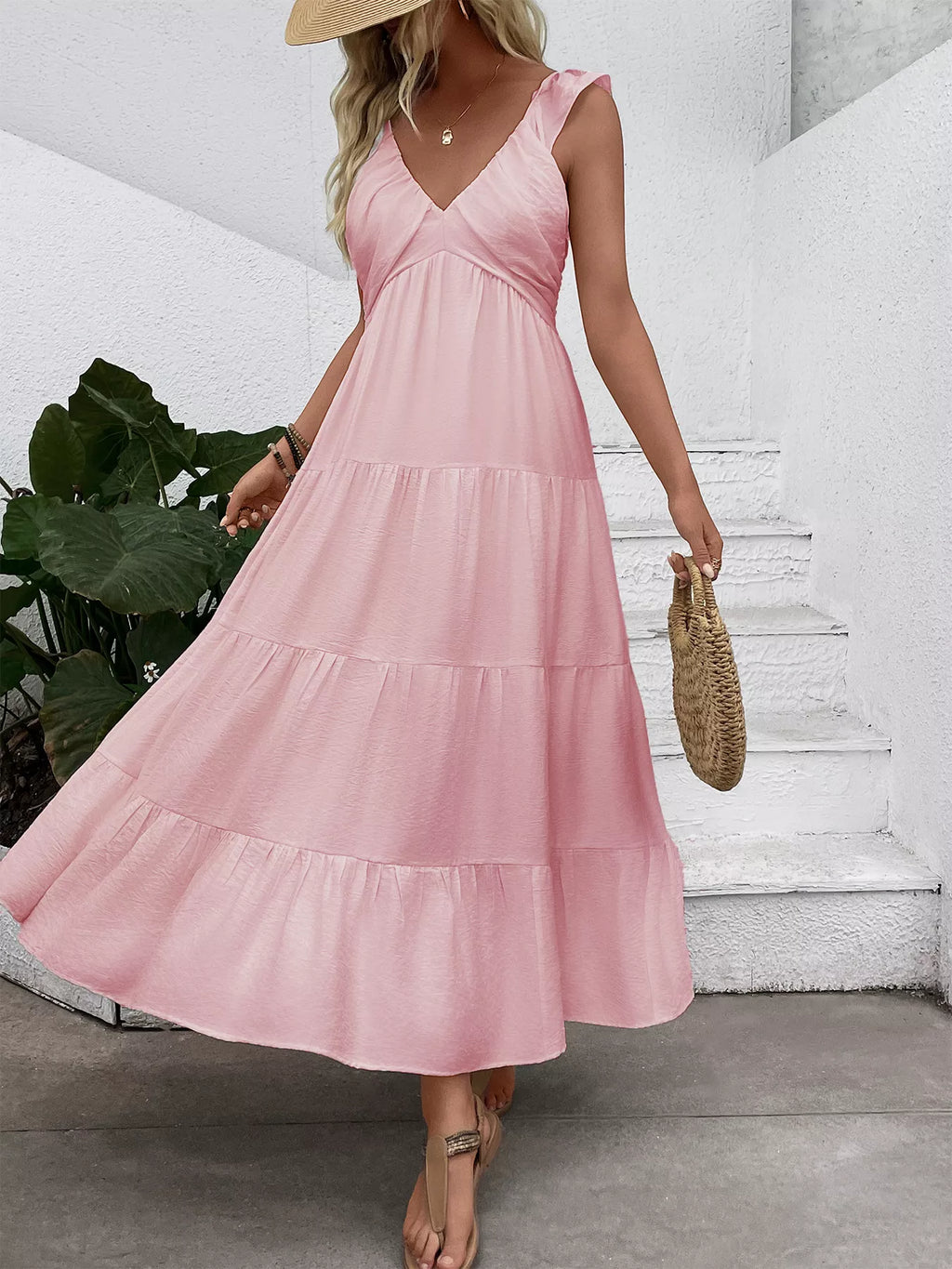 V-Neck Tiered Dress with Flutter Sleeves
