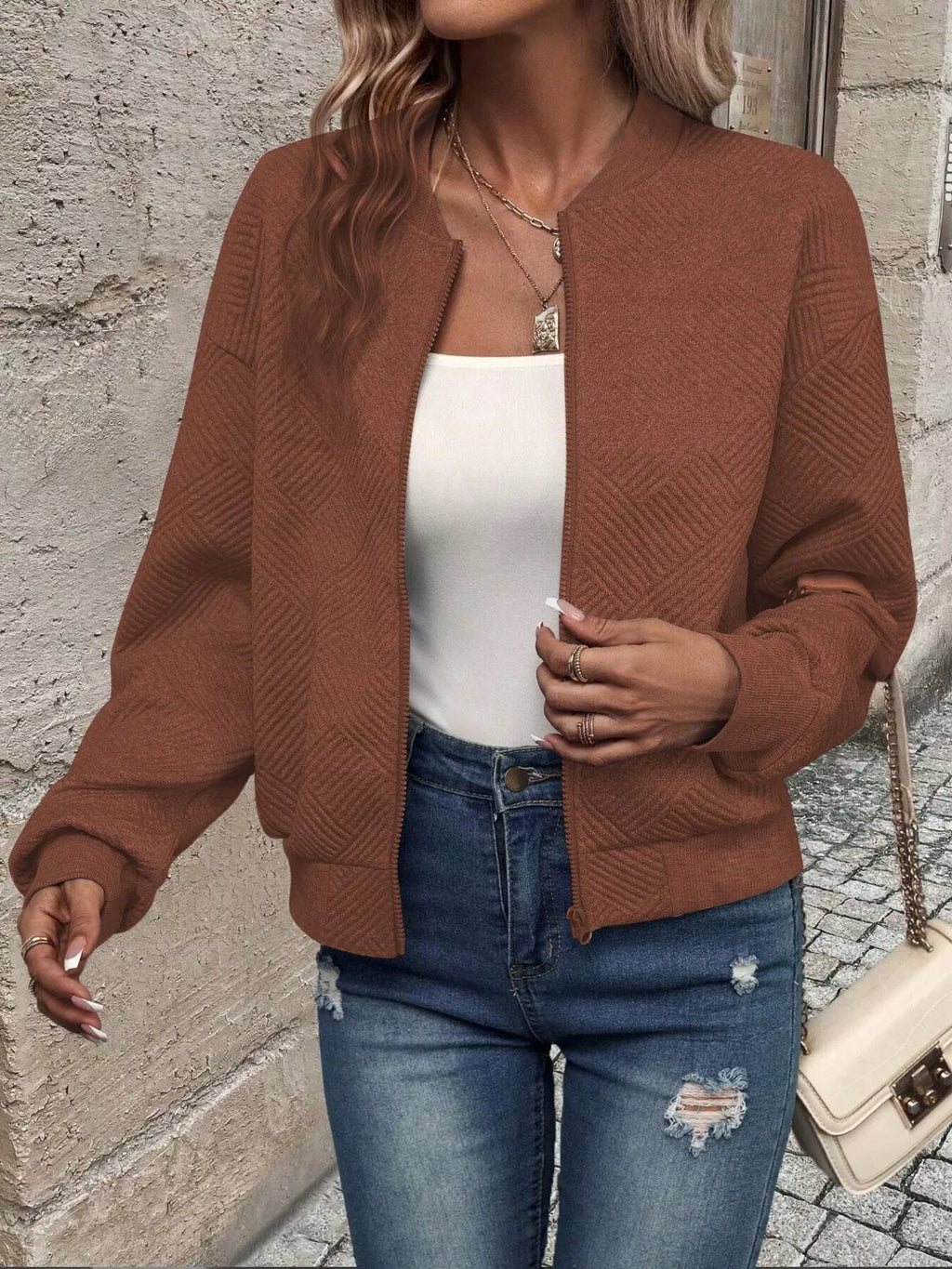 Texture Zip-Up Bomber Jacket