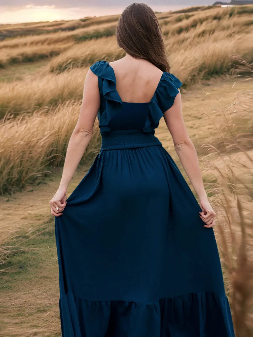 Ruffled Smocked Square Neck Maxi Dress