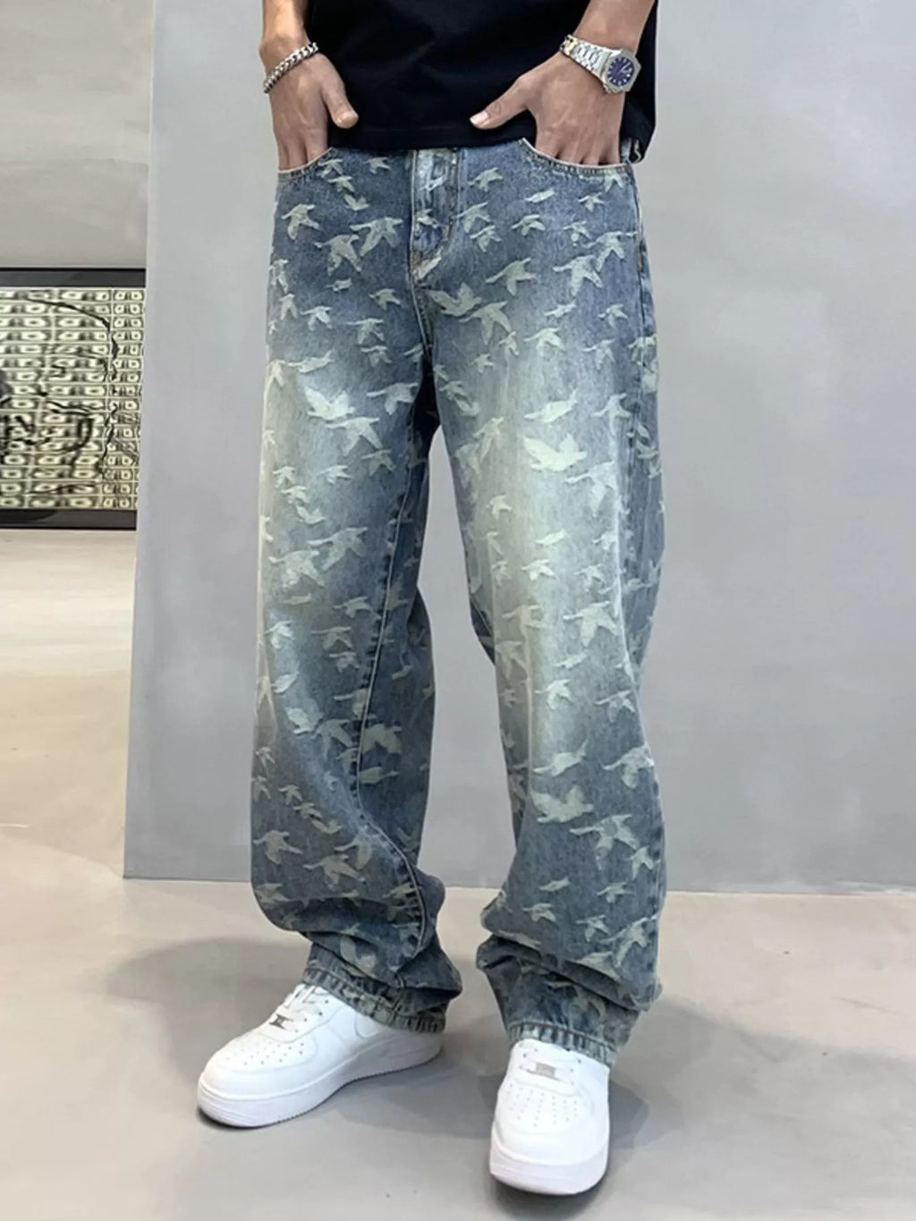 Men's Vintage Bird Print Loose Fit Jeans