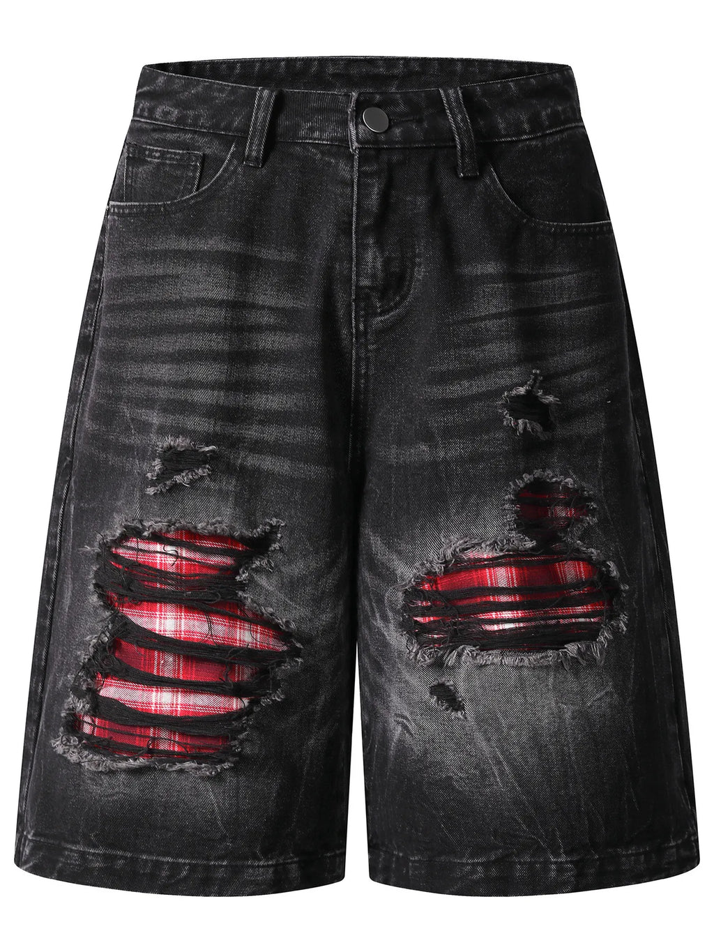 Men's Distressed Denim Shorts with Plaid Patches