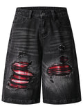 Men's Distressed Denim Shorts with Plaid Patches