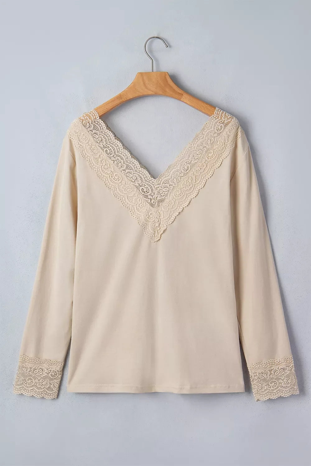 Lace Trim V Neck Long Sleeve Patchwork Pullover Top