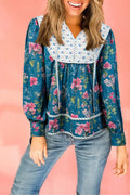 Floral Print Contrast Yoke Patchwork Striped Trim Long Puff Sleeve Blouse