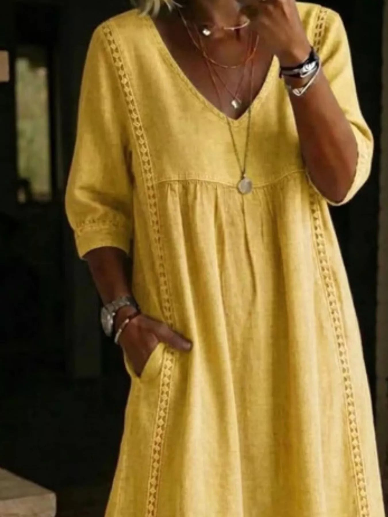 Full Size V-Neck 3/4 Sleeve Midi Dress Plus Size